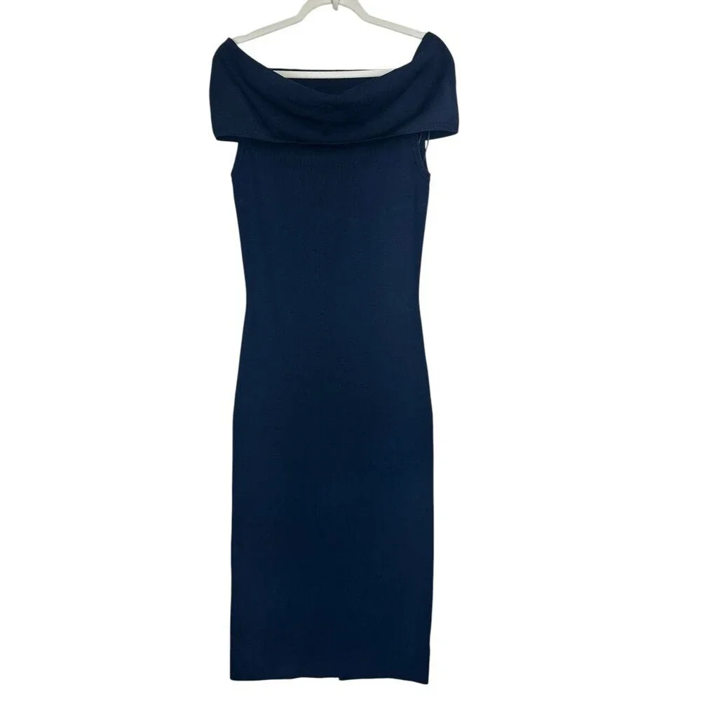 Michael Kors Off Shoulder Fold Over Sweater Dress Midi Knit Bodycon Blue Size L